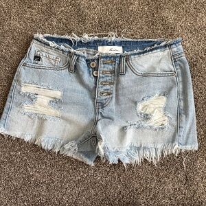 Kancan button-fly shorts. Distressed denim. Size Medium